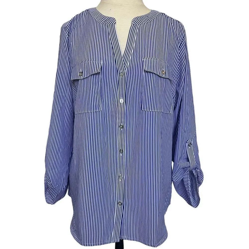 🔥4/$25 Notations Striped Button Down Blue White Large